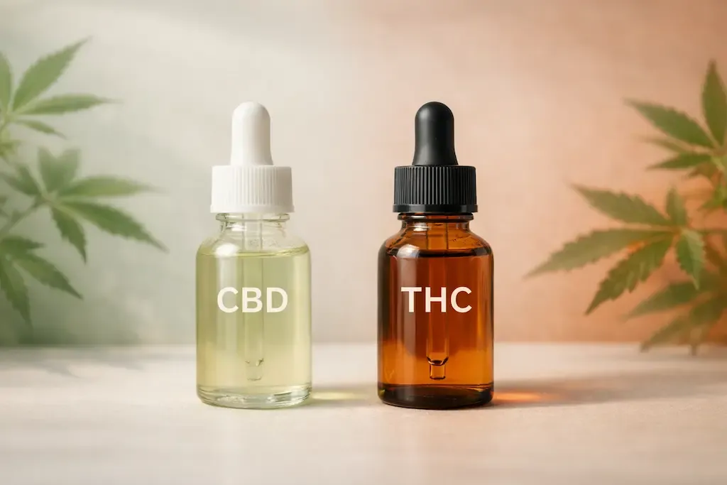 Deux flacons étiquetés CBD et THC sur une surface claire